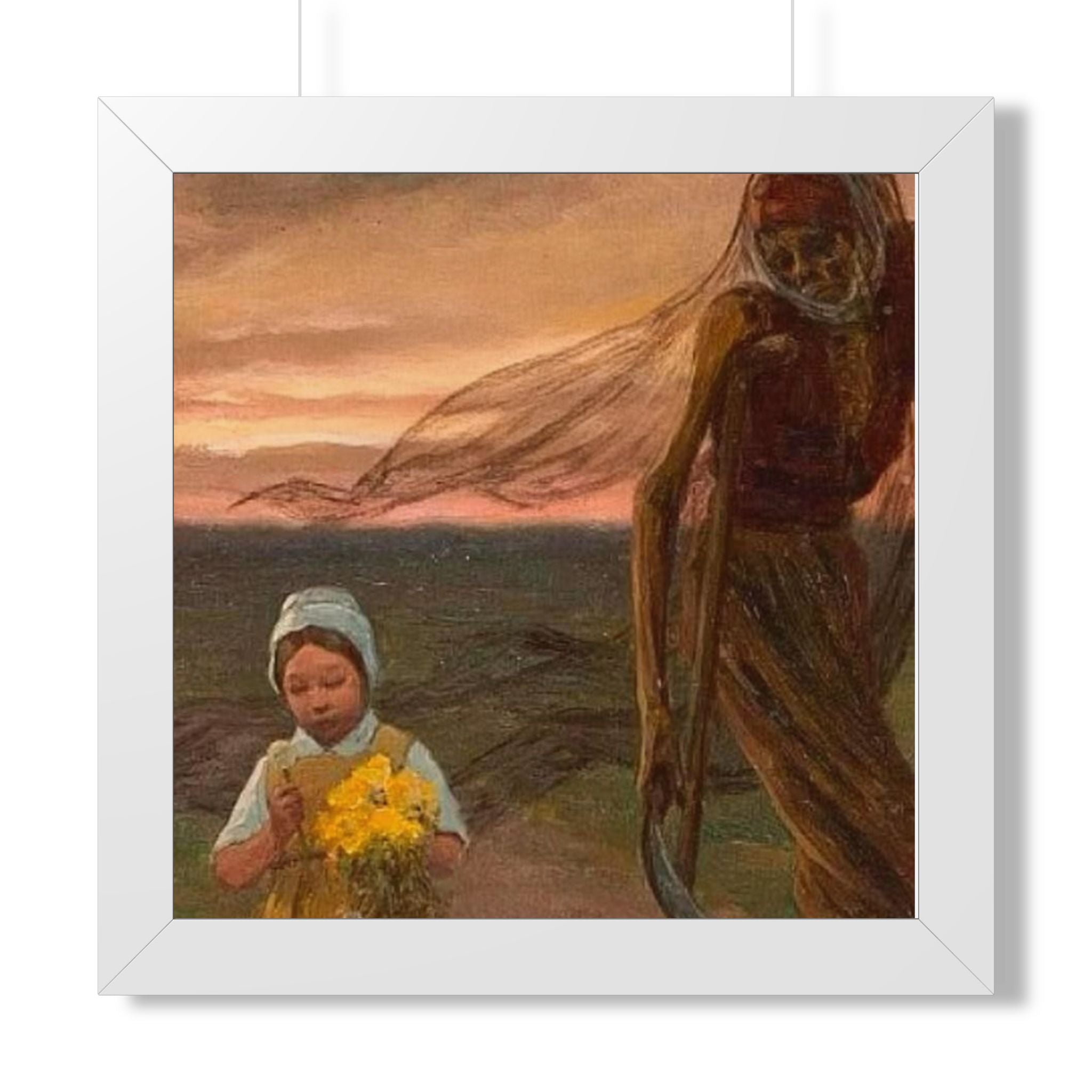Framed Poster — Vintage Girl with Daffodils Sunset Art Print