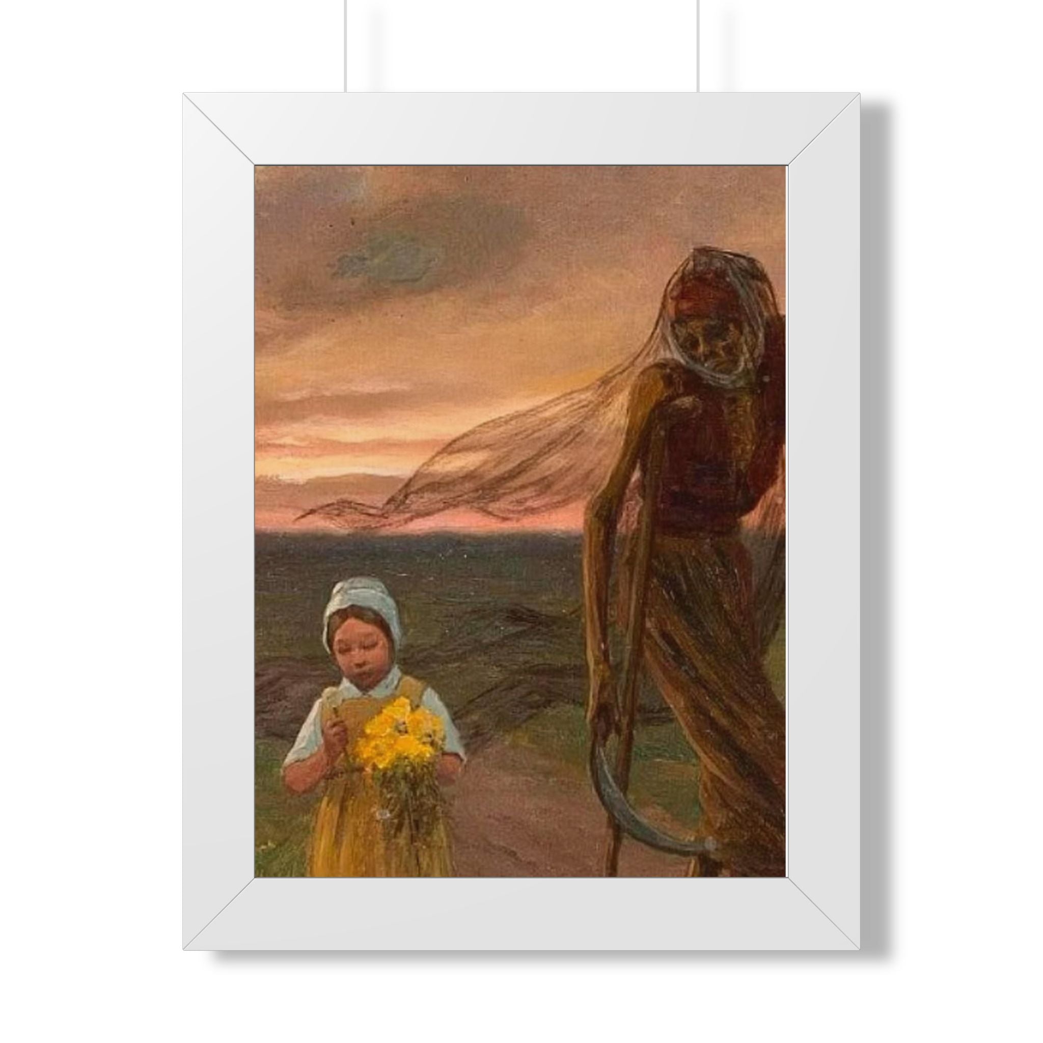 Framed Poster — Vintage Girl with Daffodils Sunset Art Print