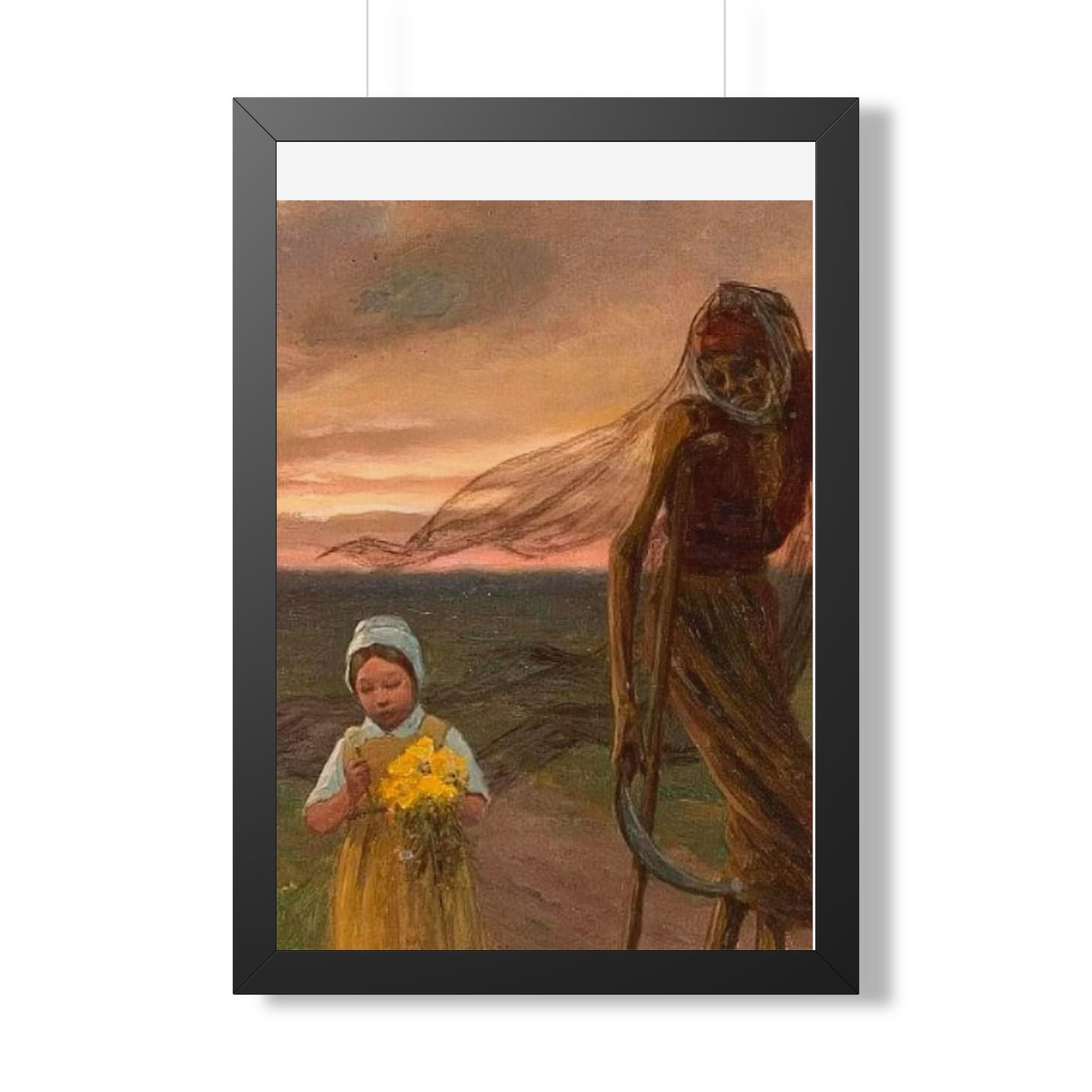 Framed Poster — Vintage Girl with Daffodils Sunset Art Print