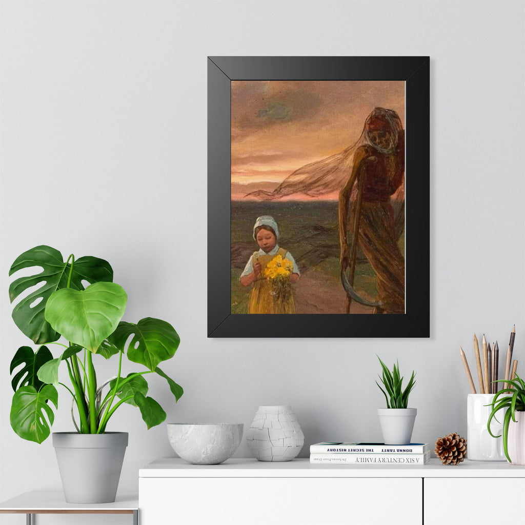 Framed Poster — Vintage Girl with Daffodils Sunset Art Print