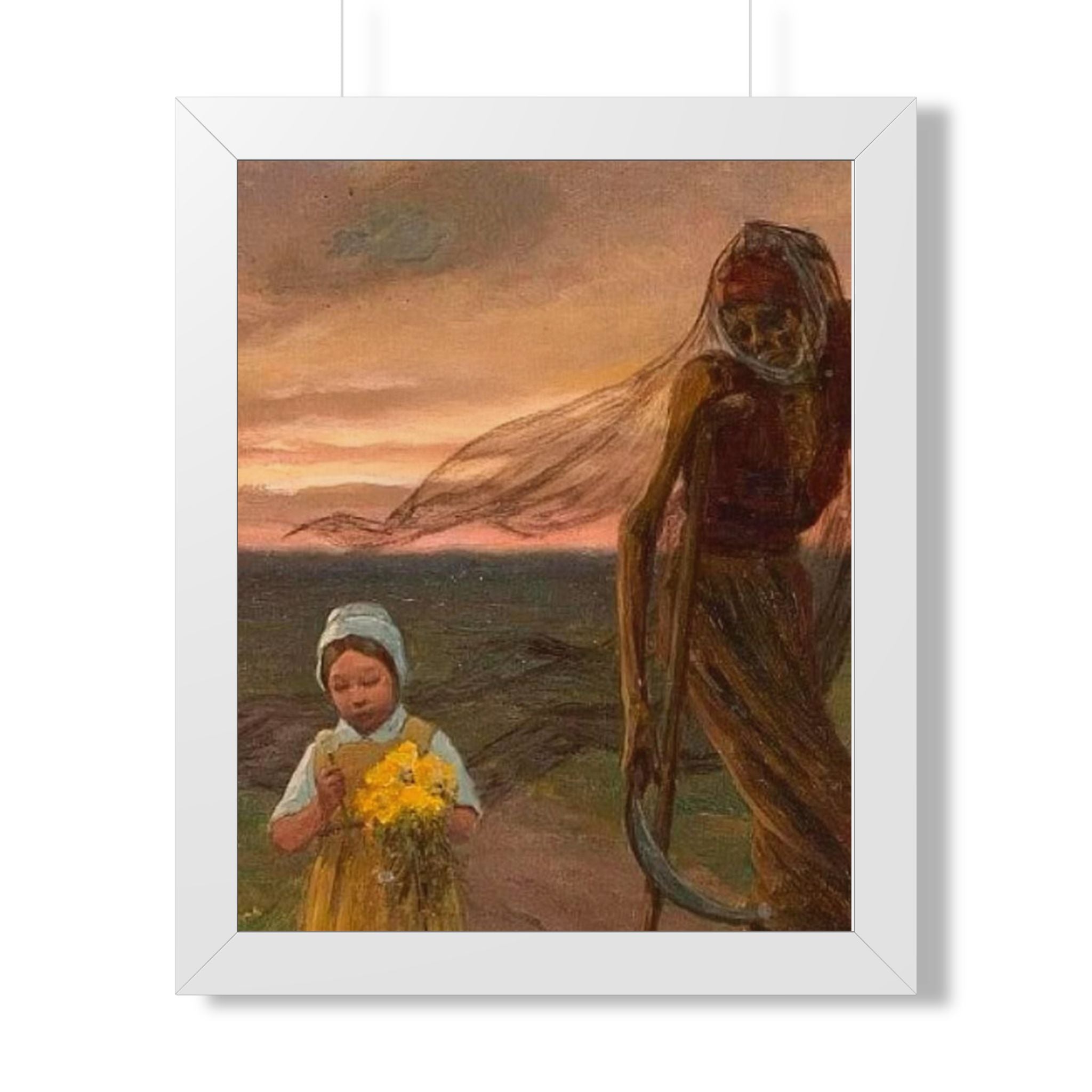 Framed Poster — Vintage Girl with Daffodils Sunset Art Print