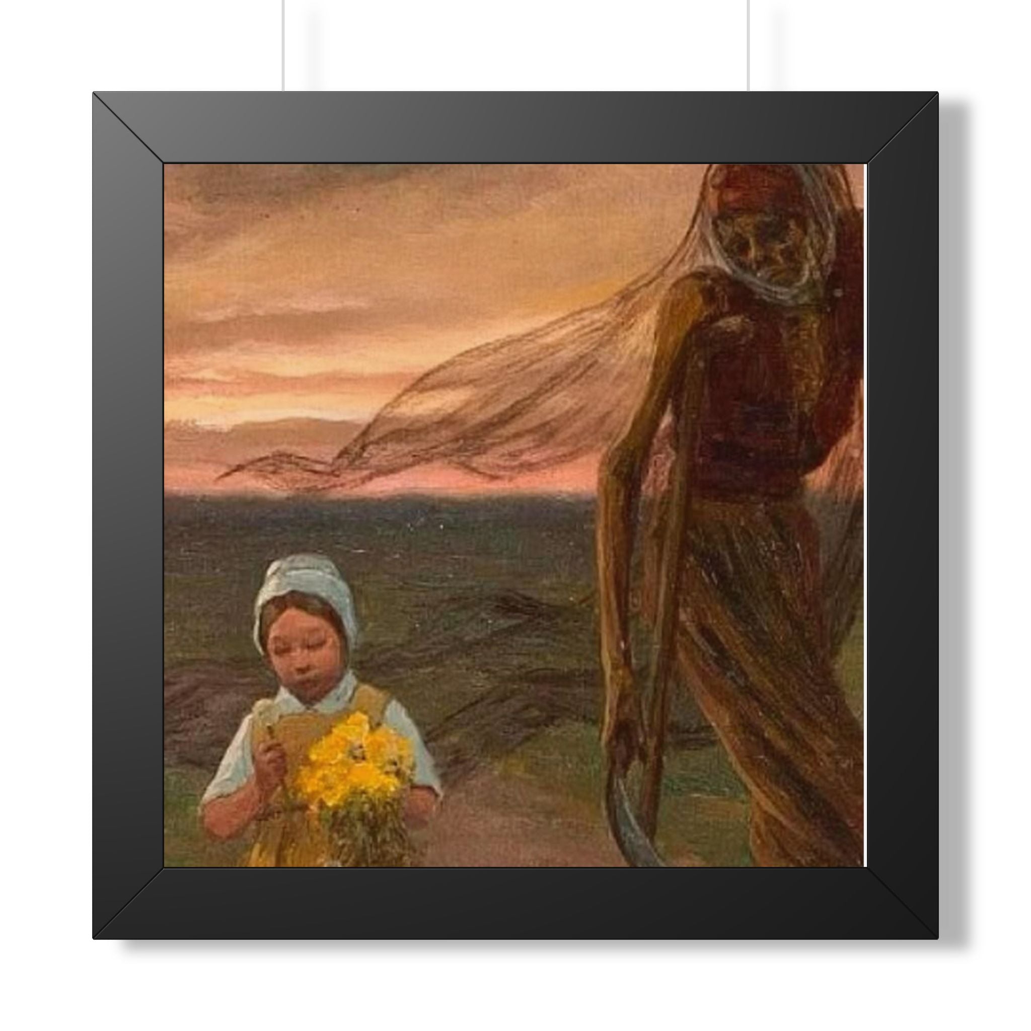 Framed Poster — Vintage Girl with Daffodils Sunset Art Print