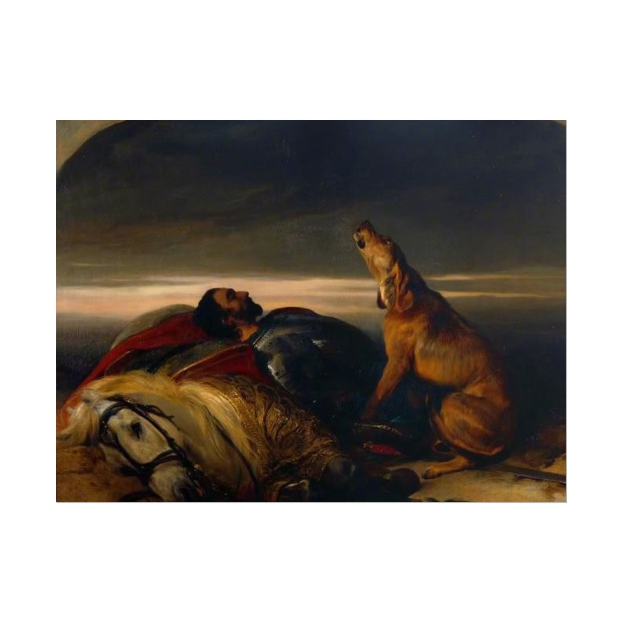 Rolled Poster — Classic Romantic Painting with Dog and Fallen Knight